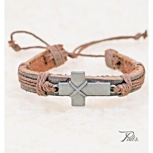 Hand Aged Cross Leather Bracelet Adjustable Christian Boho Rustic Gift Men Women
